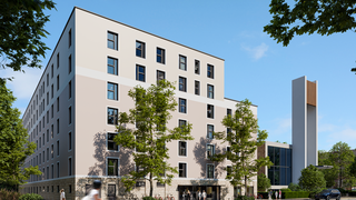 Bild zeigt Visualisierung des Neubaus Sterkrader Straße von außen. Im Vordergrund Bäume und Menschen.