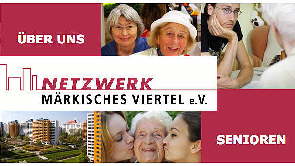 Collage aus Fotos, auf denen glückliche Senioren mit Pflegenden zu sehen sind, dazu die Worte "Senioren" und "Über uns" sowie das Logo des Netzwerks.