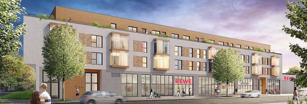 Visualisierung des neuen Quartiers Alt-Wittenau in Reinickendorf von der Roedernallee aus gesehen.