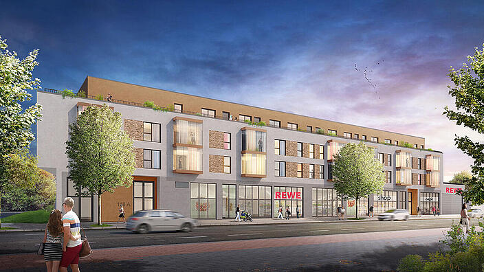 Visualisierung des neuen Quartiers Alt-Wittenau in Reinickendorf von der Roedernallee aus gesehen.