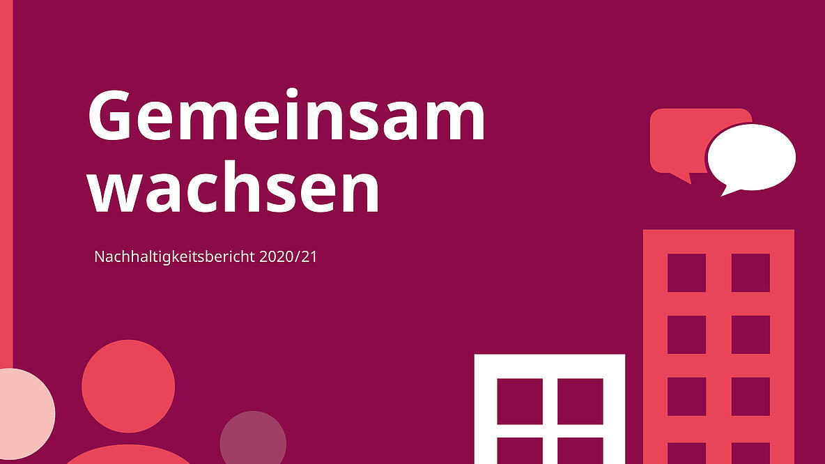 Coverbild des zehnten Nachhaltigkeitsberichts: Grafische Darstellung dreier Figuren und zwei Häusern unterschiedlicher Größe