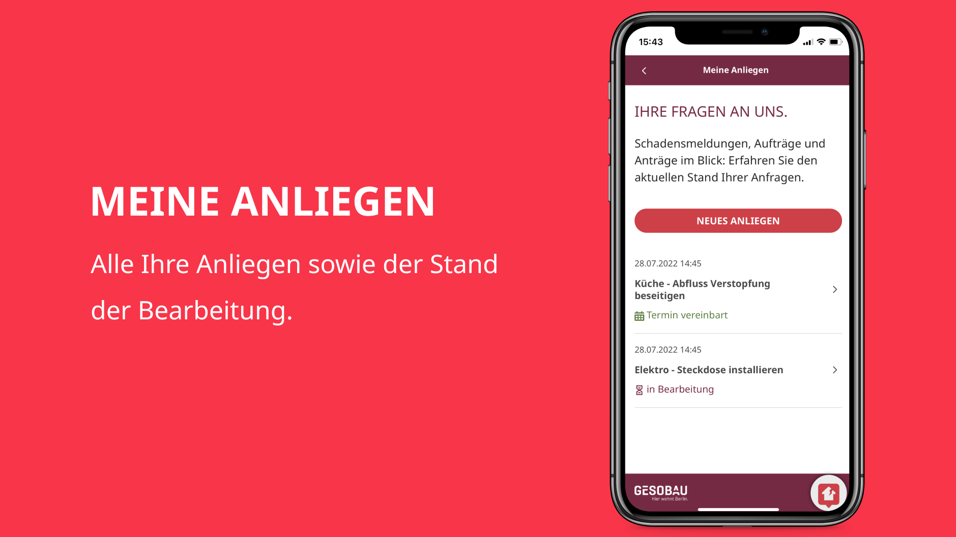 Grafik zeigt das Kapitel "Meine Anliegen" in der GESOBAU Berlin App.