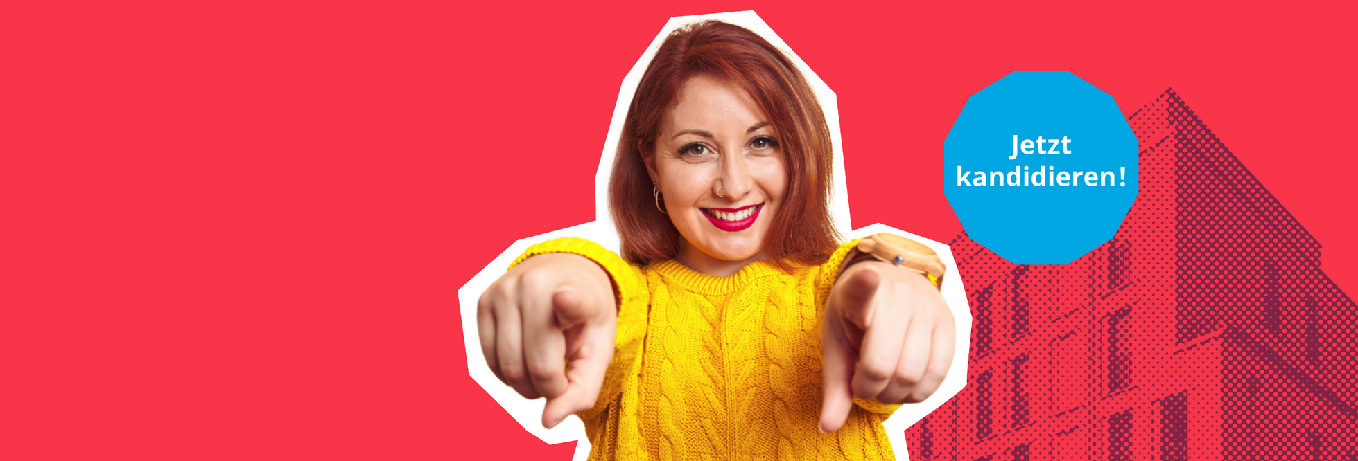 Aufruf zur Kandidatur zun den Mieterbeiratswahlen: Eine Frau zeigt lächelnd mit beiden Zeigefingern in Richtung Betrachter, daneben der Aufruf Jetzt kandidieren!