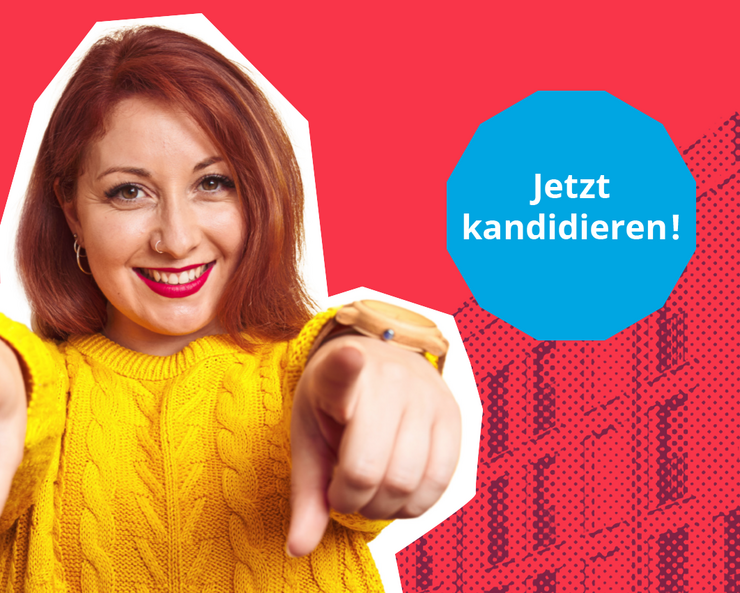 Aufruf zur Kandidatur zun den Mieterbeiratswahlen: Eine Frau zeigt lächelnd mit beiden Zeigefingern in Richtung Betrachter, daneben der Aufruf Jetzt kandidieren!