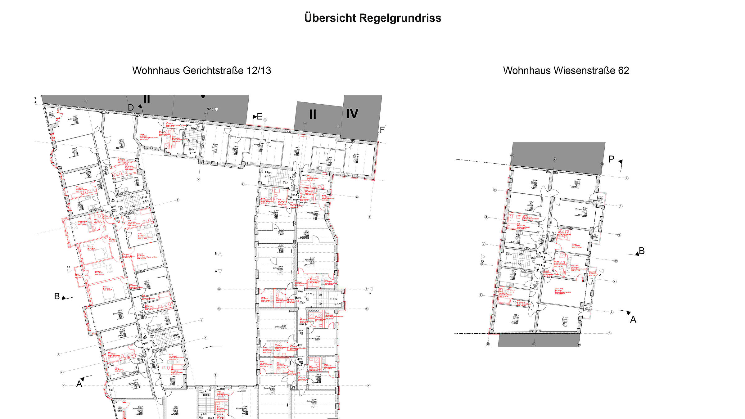 Grafische Darstellung bzw. Übersicht der Regelgrundrisse in der Gerichtstraße 12/13 und der Wiesenstraße 62.