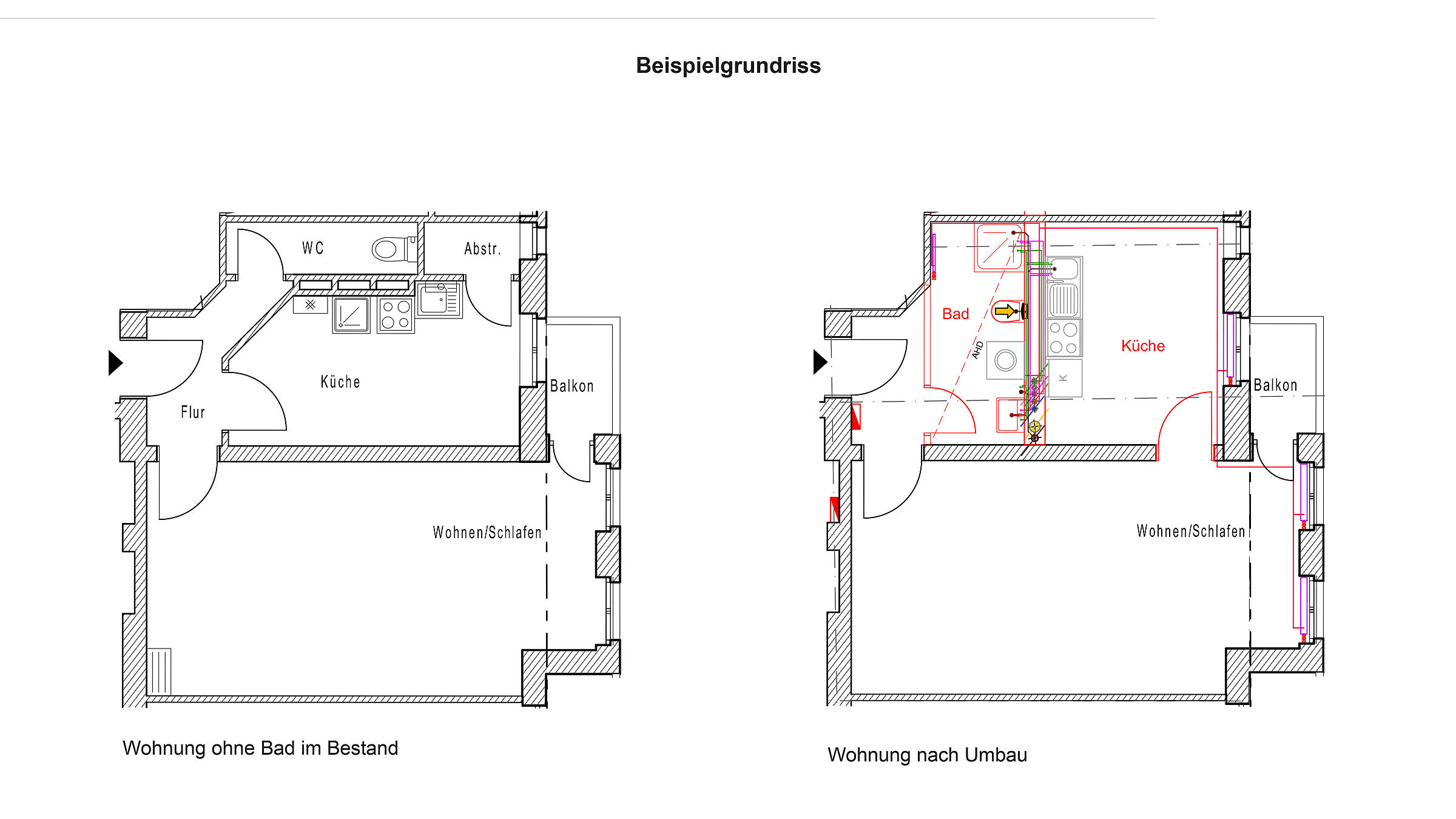 Grafische Darstellung einer Bestandswohnung vor und nach dem Umbau: die ehemalige Abstellkammer ist einer umgestellten Küche gewichen, die WOhnung erhält ein komplettes Bad mit Duschkabine.