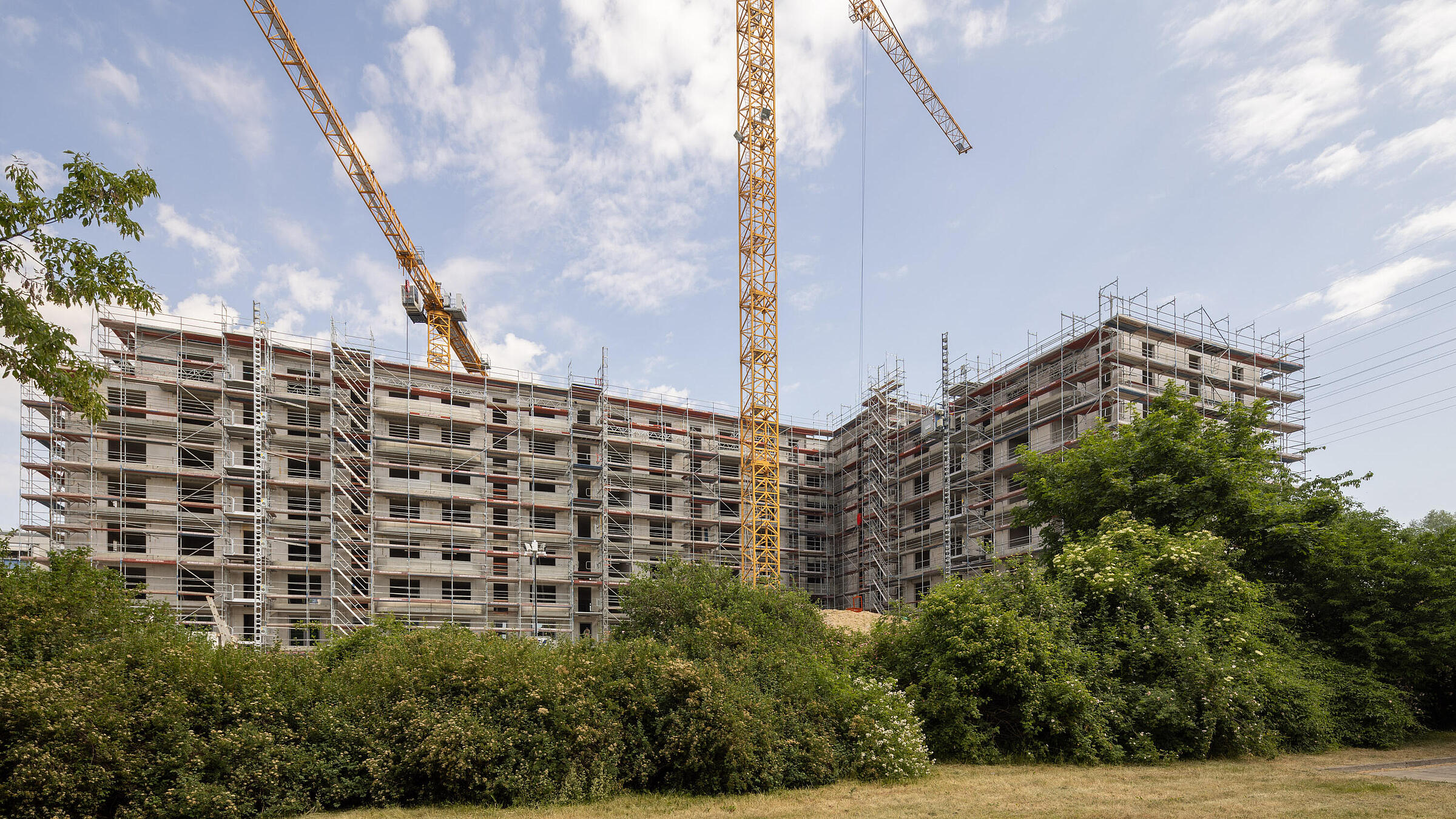 siebengeschossiges Wohnhaus mit Baugerüst umgeben von grünen Büschen