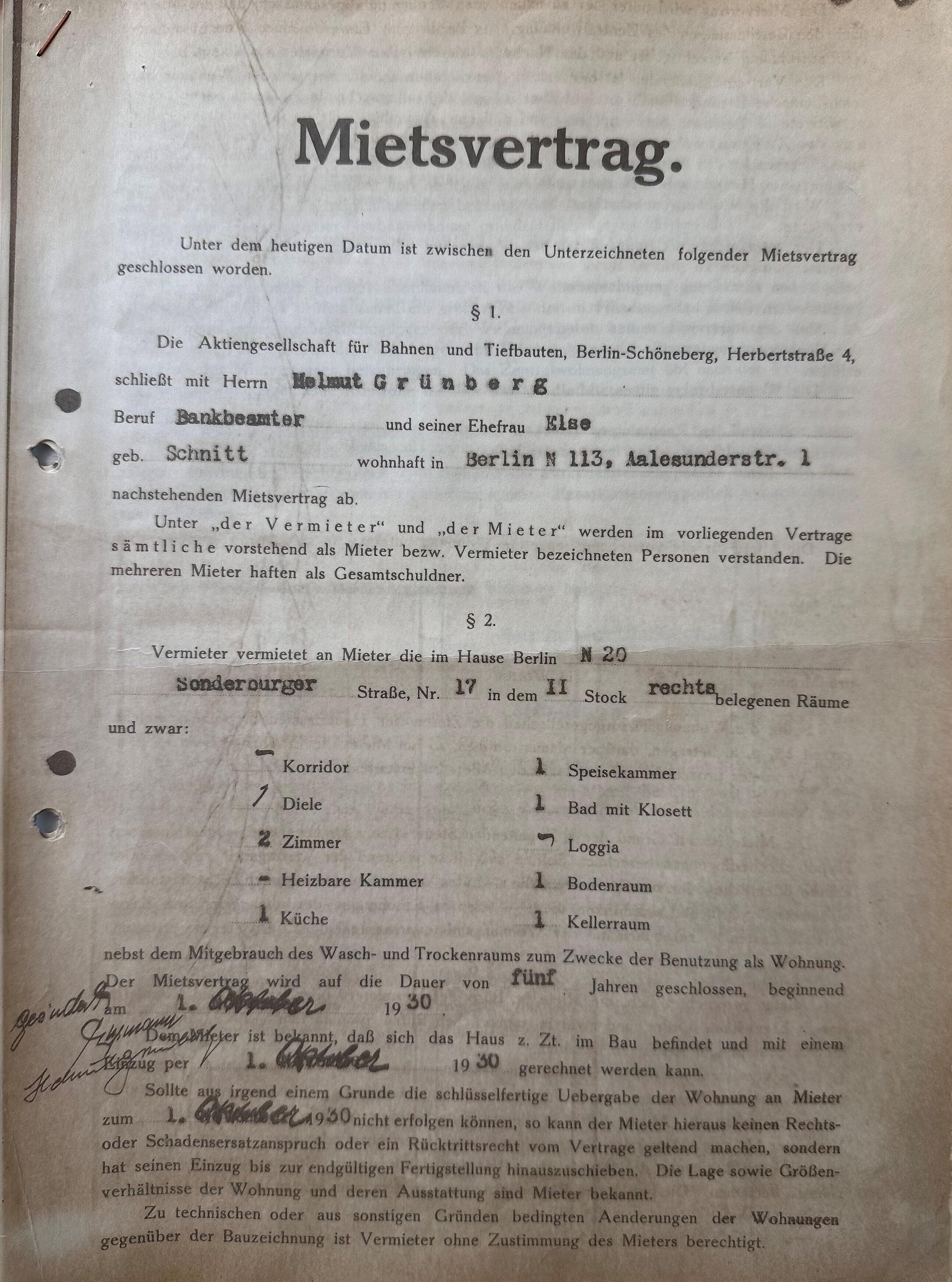 Kopie eines Mietvertrags aus dem Jahr 1930.