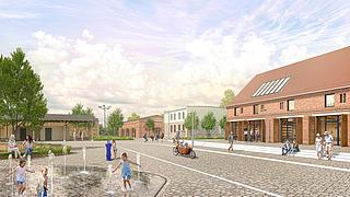 Die Gebäude des einstigen Ritterguts werden denkmalgerecht saniert. Die Visualisierung gibt einen Ausblick darauf, wie der ehemalige Pferdestall, das Maschinenhaus sowie Kuhstall und Scheune (rechts im Bild) künftig aussehen werden.