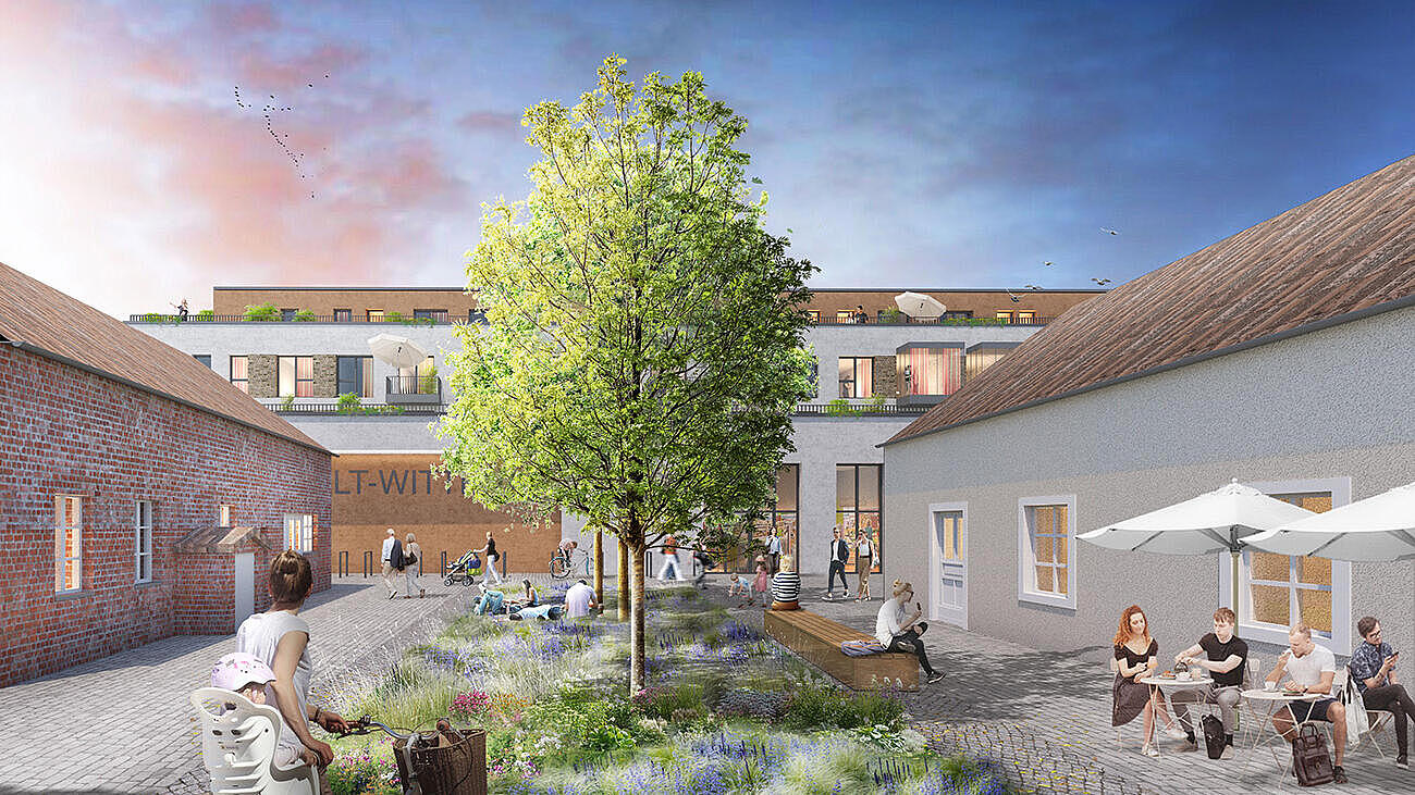 Visualisierung der beruhigten Fußgängerzone vor dem Quartier, die von zwei restaurierten, einstöckigen Backsteinhäusern flankiert ist.