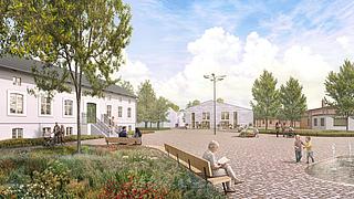 Visualisierung: Blick auf das denkmalgerecht sanierte Gutshaus (links), einen Neubau (mittig) und den Stadtplatz mit Wasserspiel aus westlicher Richtung.