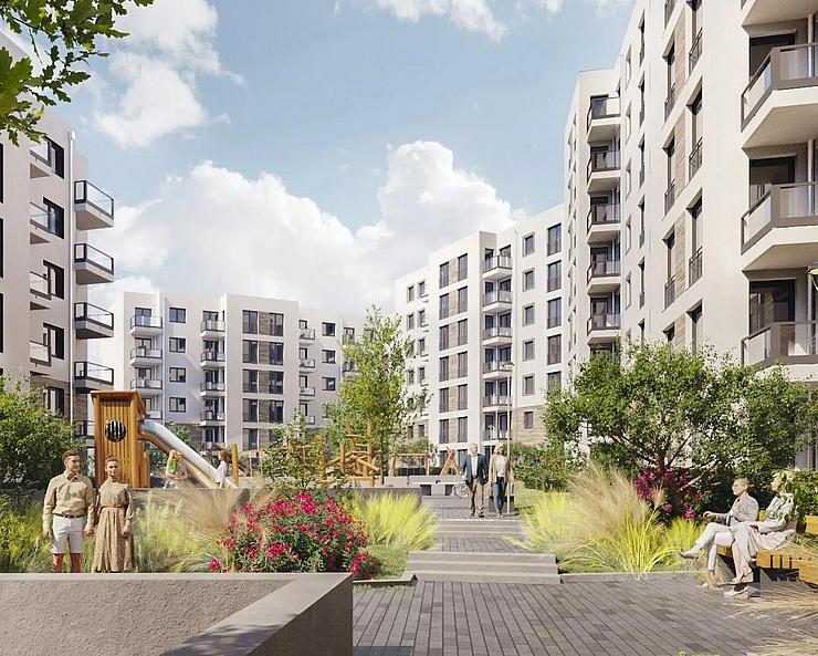Visualisierung zeigt grünen Innenhof Spielplatz inmitten eines modernen Wohnquartiers.