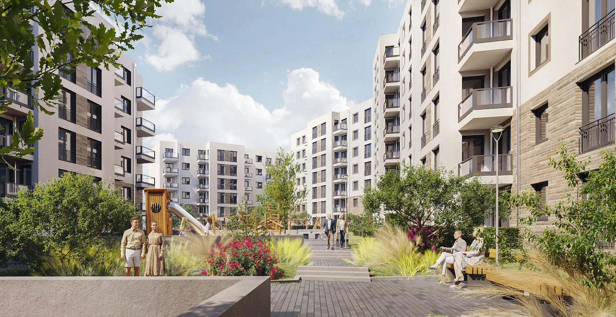 Visualisierung zeigt grünen Innenhof Spielplatz inmitten eines modernen Wohnquartiers.