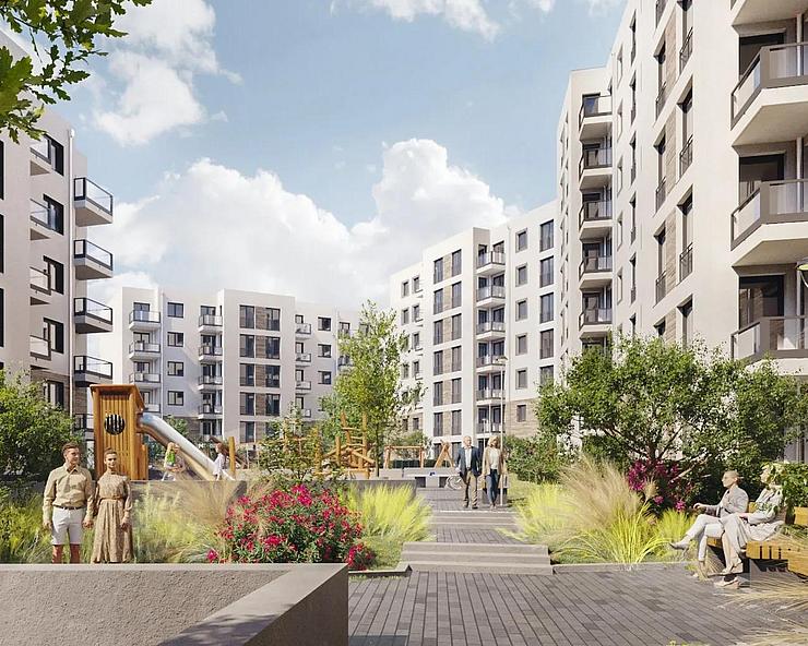 Visualisierung zeigt grünen Innenhof Spielplatz inmitten eines modernen Wohnquartiers.