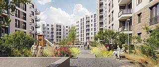 Visualisierung zeigt grünen Innenhof Spielplatz inmitten eines modernen Wohnquartiers.