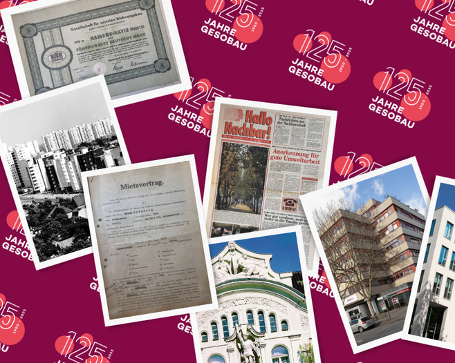 Fotocollage mit unterschiedlichen Aufnahmen aus der Unternehmensgeschichte der GESOBAU: vlnr Namensaktie, Märkisches Viertel in den 70er Jahren, historischer Mietvertrag, Erstausgabe Hallo Nachbar, Fassadendetail Badstraße, Wilhlemsruher Damm 142, Stiftsweg 1, Detailaufnahme Märkisches Viertel heute, Pressekonferenz zum Bau des MV.