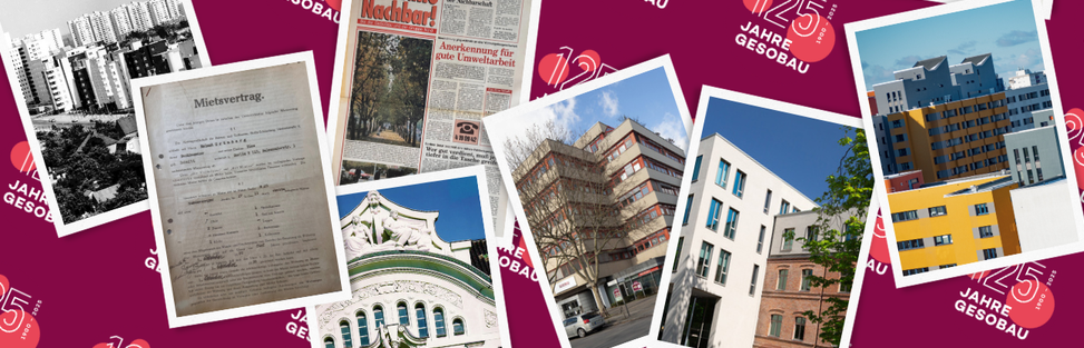 Fotocollage mit unterschiedlichen Aufnahmen aus der Unternehmensgeschichte der GESOBAU: vlnr Namensaktie, Märkisches Viertel in den 70er Jahren, historischer Mietvertrag, Erstausgabe Hallo Nachbar, Fassadendetail Badstraße, Wilhlemsruher Damm 142, Stiftsweg 1, Detailaufnahme Märkisches Viertel heute, Pressekonferenz zum Bau des MV.
