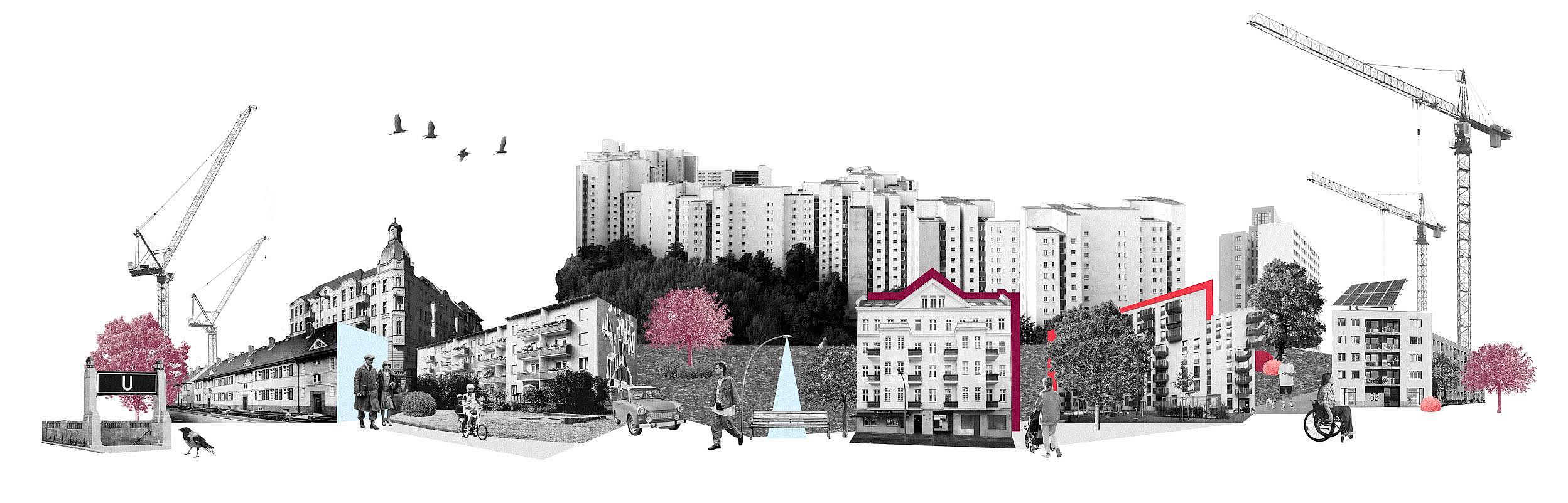 Grafische Darstellung verschiedener GESOBAU-Häuser in unterschiedlichen Architekturstilen von Gründerzeit- über 50er-Jahre- und Hochbaus- bis zu Neubauarchitektur.