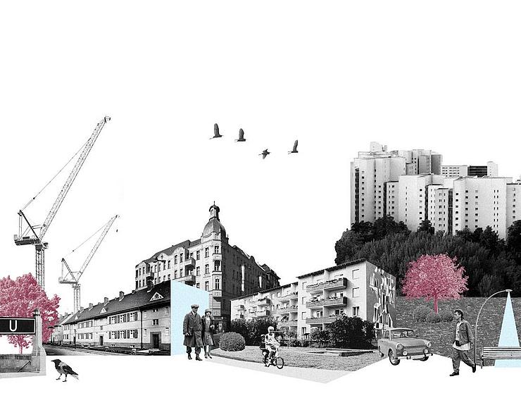 Grafische Darstellung verschiedener GESOBAU-Häuser in unterschiedlichen Architekturstilen von Gründerzeit- über 50er-Jahre- und Hochbaus- bis zu Neubauarchitektur.