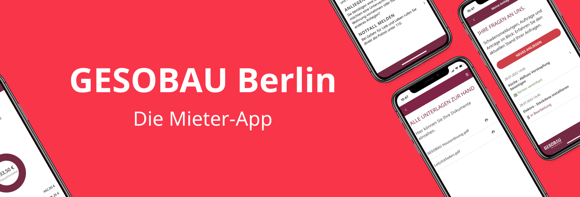 Grafik zeigt verschiedene Ansichten der GESOBAU Berlin App auf einem Smartphone.