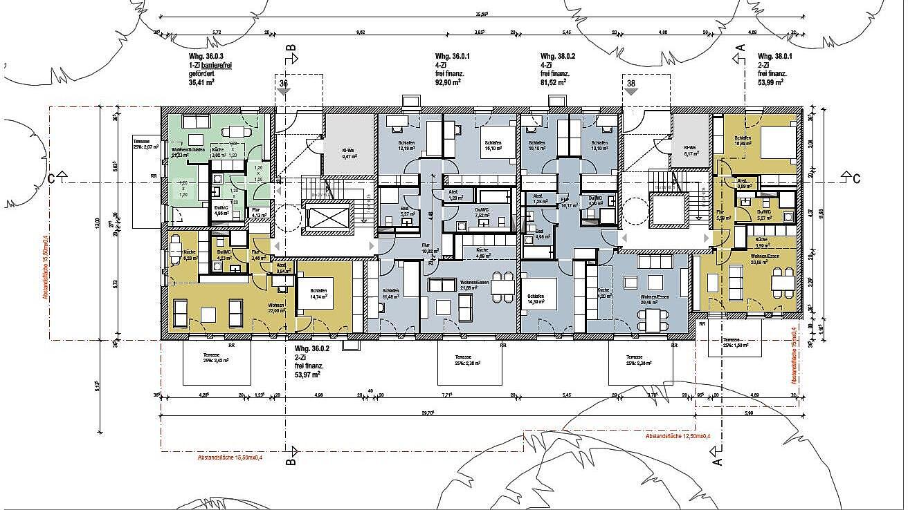 Grundriss des Erdgeschossses der Bizetstraße 36/38. Die unterschiedlichen Wohnungsgrößen sind verschiedenfarbig hervorgehoben.