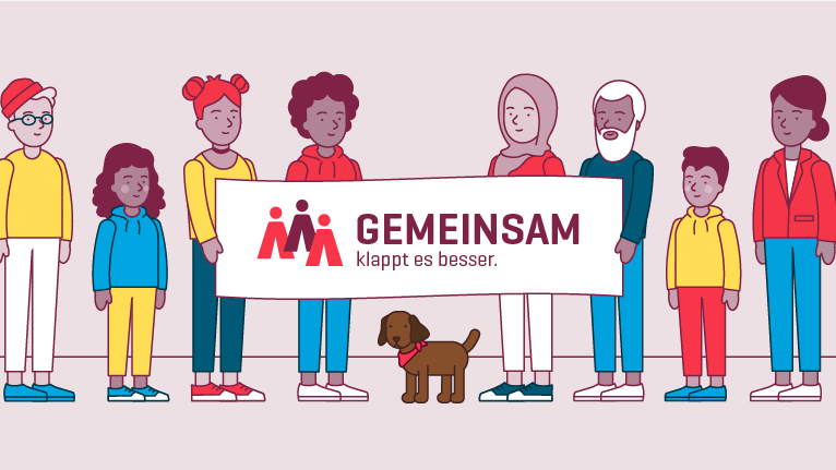 Illustration zeigt eine diverse Gruppe von Menschen unterschiedlichen Alters, die gemeinsam ein Schild mit der Aufschrift "Gemeinsam" hochhalten.