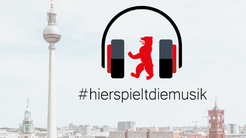 Skyline von Berlin mit Logo von #hierspieltdiemusik