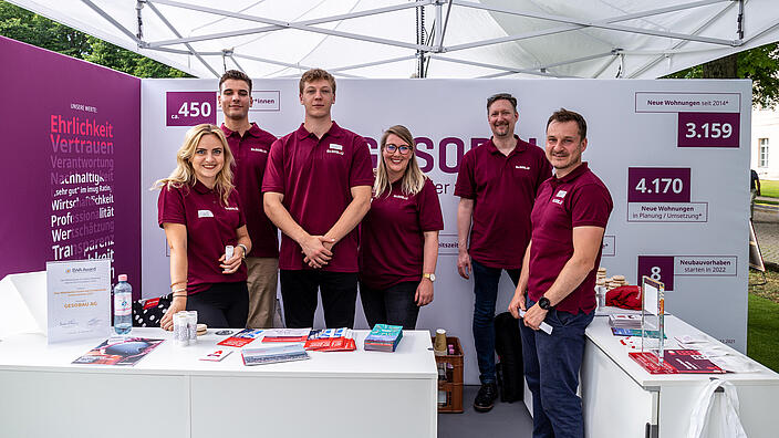 Außenaufnahme zeigt eine Gruppe Mitarbeiter*innen der GESOBAU in einheitlichen Poloshirts, die vor einem Messestand stehen.