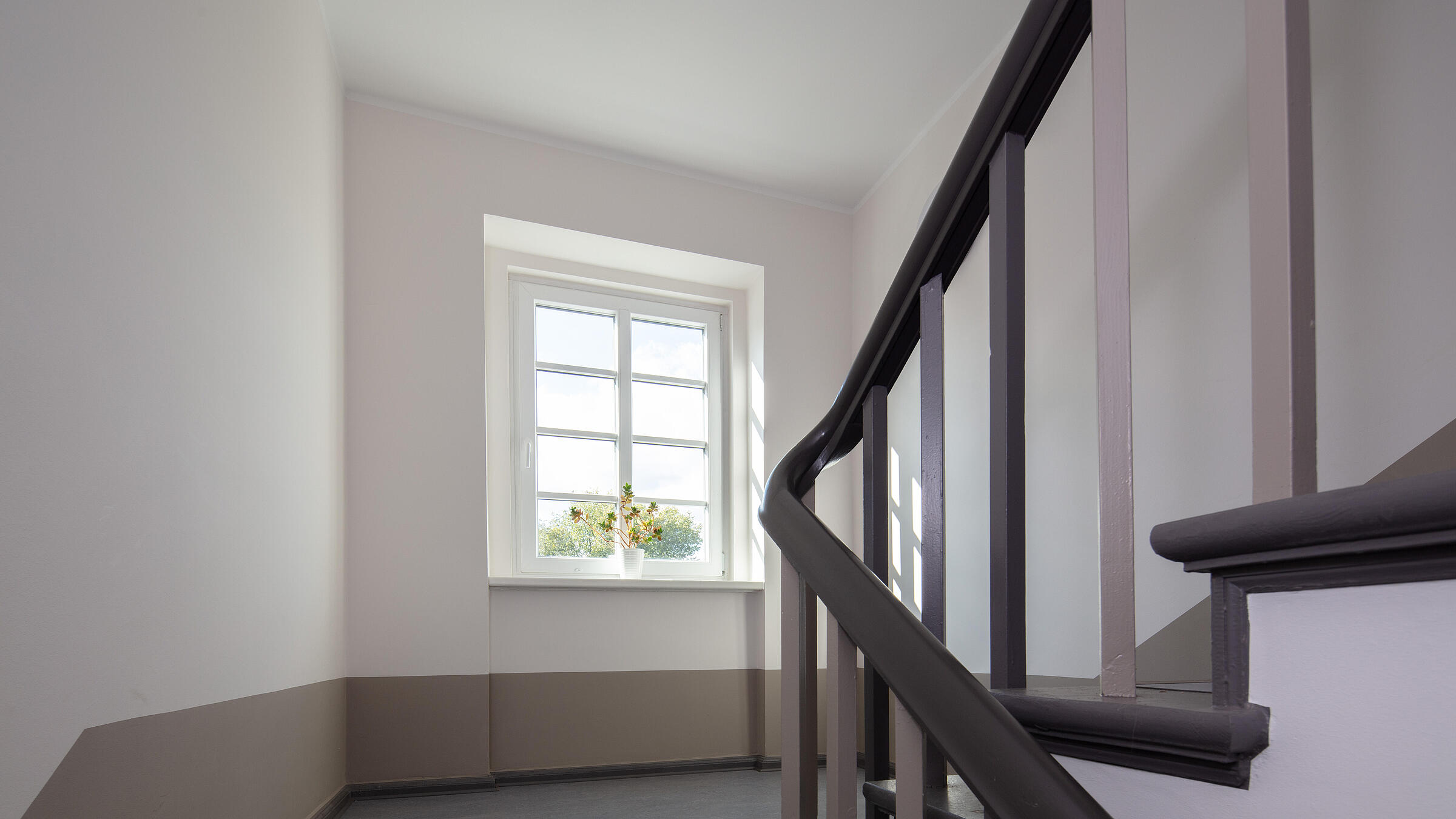 Innenaufnahme zeigt ein frisch saniertes Treppenhaus mit Fenster, rechter Hand der hölzerne Treppenlauf, links das kleine Fenster.