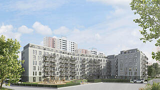 Visualisierung des FACE Campus mit Familienzentrum und Kita im Erdgeschoss und 126 Wohnungen in den sechs darüberliegenden Etagen in der Rollbergesiedlung in Berlin-Reinickendorf.