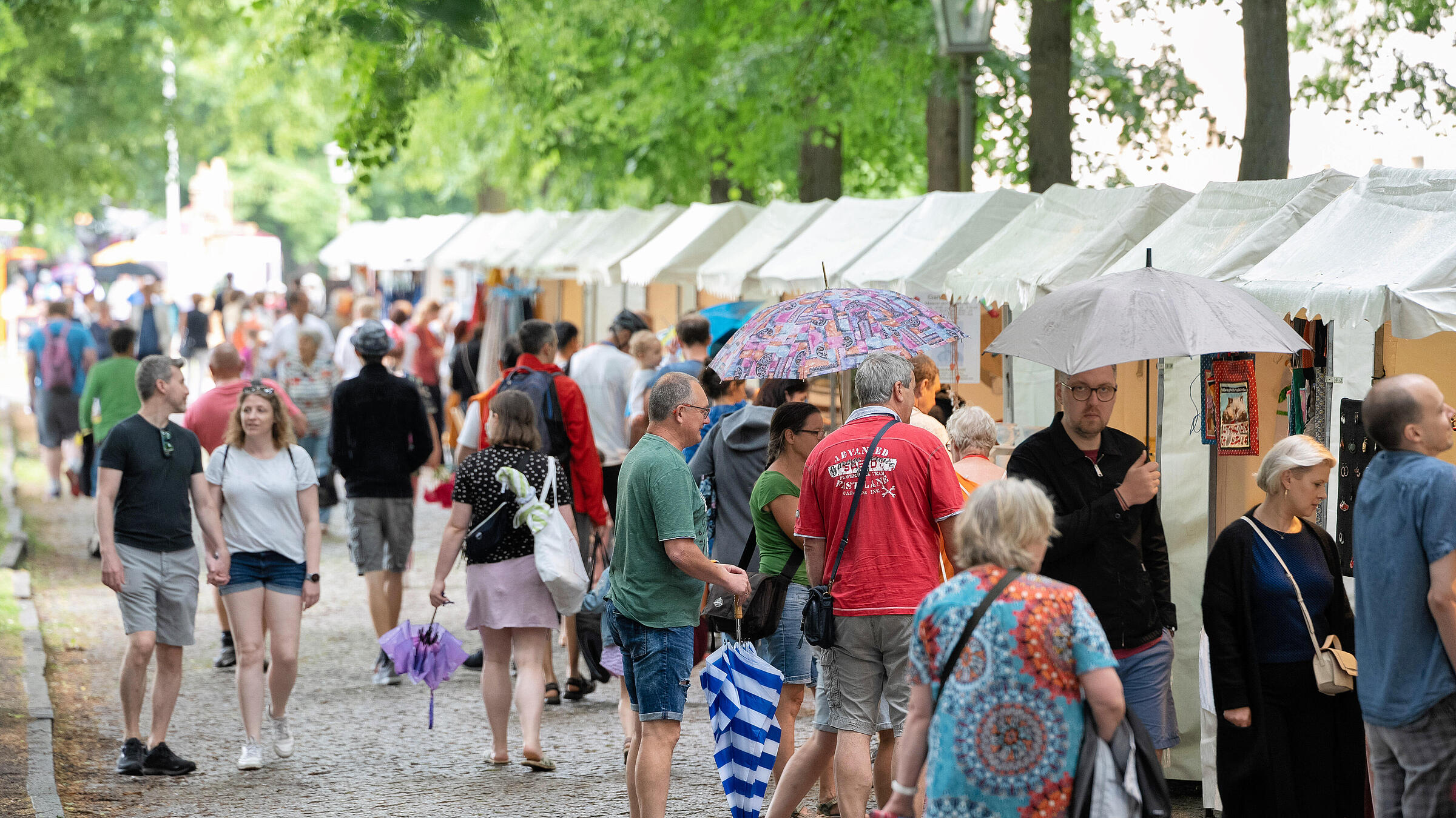 Außenaufnahme zeigt Stände der Kunsthandwerker*innen entlang der Allee vor dem Schloss.