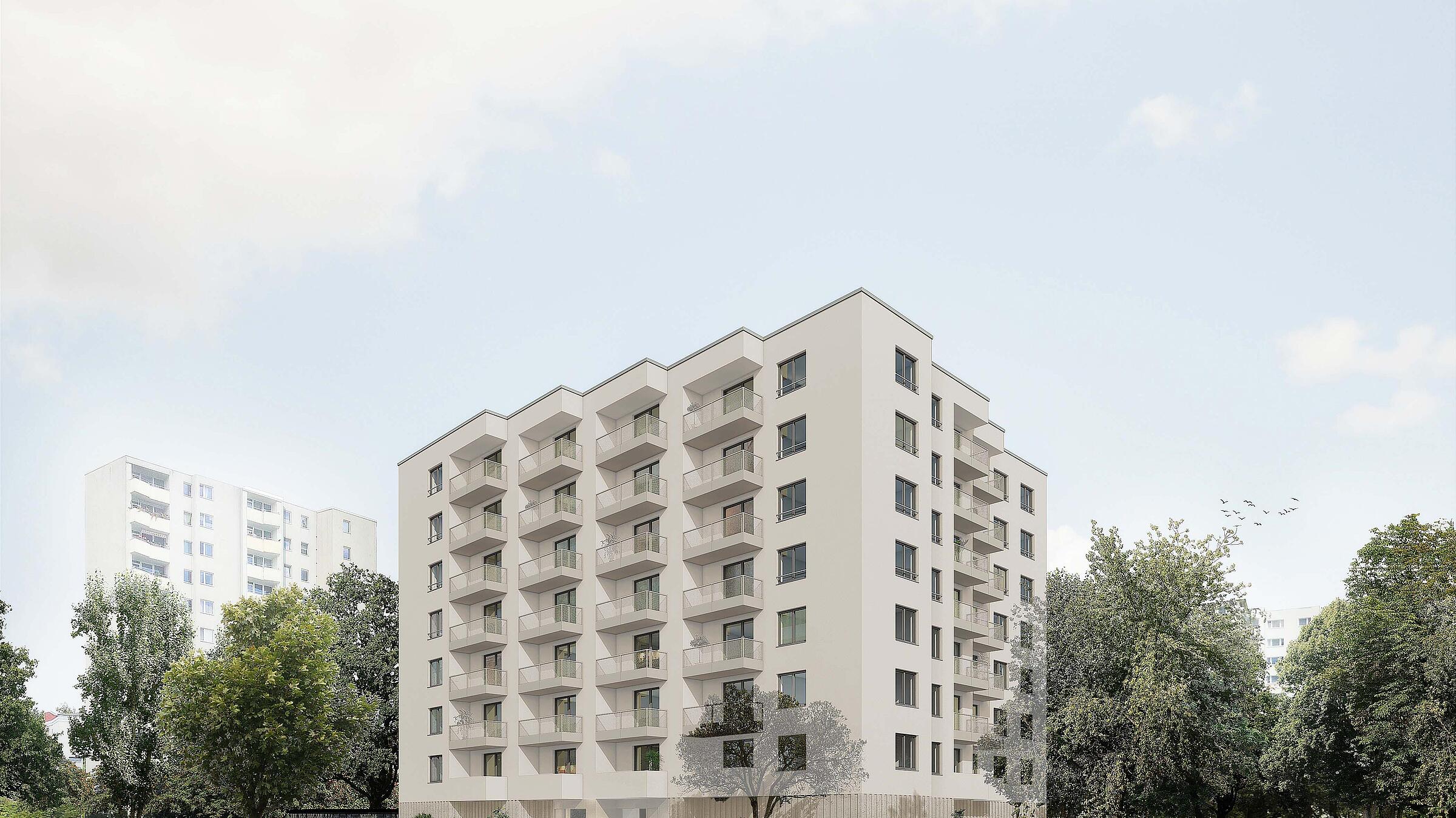 Visualisierung des Mehrfamilienhauses in der Finsterwalder Straße.