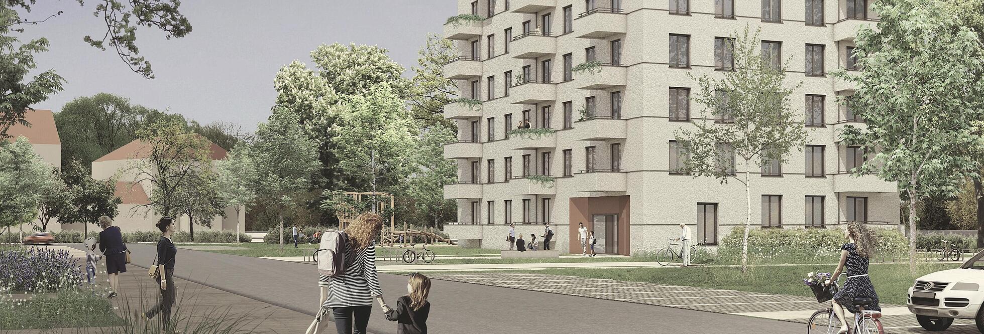 Visualisierung des neu zu errichtenden Haus A in der Vesaliusstraße: Ein fünfgeschossiger, quaderförmiger Neubau mit heller Fassade und Balkonen, darüber zwei teilweise rückversetzte Staffelgeschosse. 