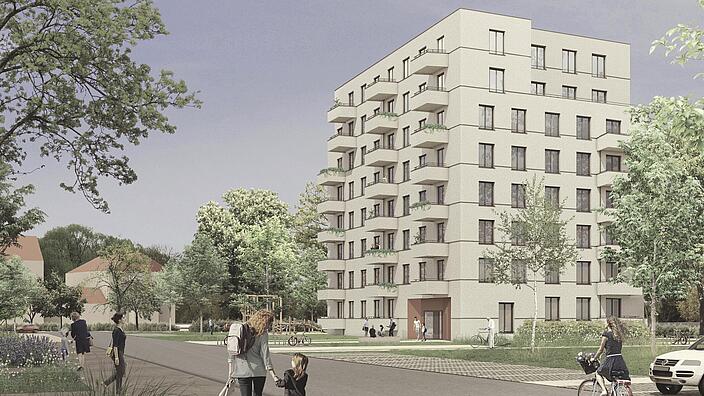 Visualisierung des neu zu errichtenden Haus A in der Vesaliusstraße: Ein fünfgeschossiger, quaderförmiger Neubau mit heller Fassade und Balkonen, darüber zwei teilweise rückversetzte Staffelgeschosse. 