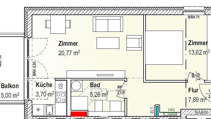 Grundriss einer 2-Zimmer-Wohnung