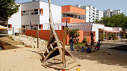 Außenansicht der Kindertagesstätte mit Spielplatz