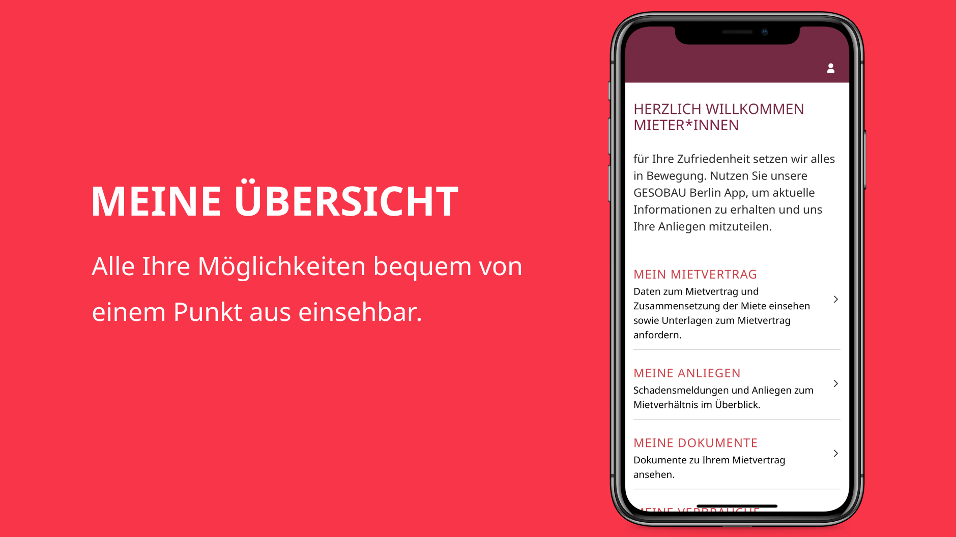 Grafik zeigt die Startseite der GESOBAU Berlin App "Meine Übersicht".