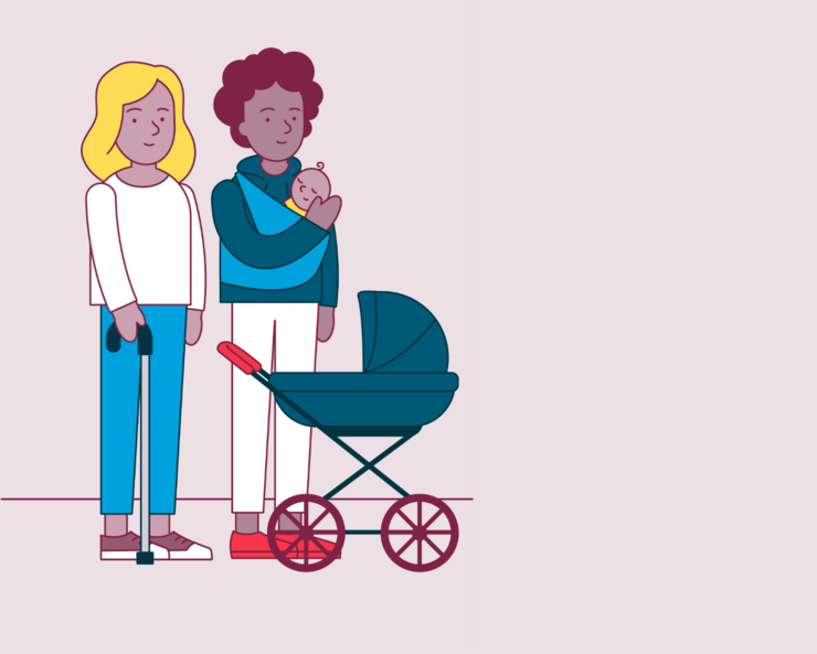 Illustration zeigt eine junge Familie, die Frau mit einem Gehstock in der Hand, der Mann mit einem Kind im Tragetuch, vor ihnen stehend ein Kinderwagen.