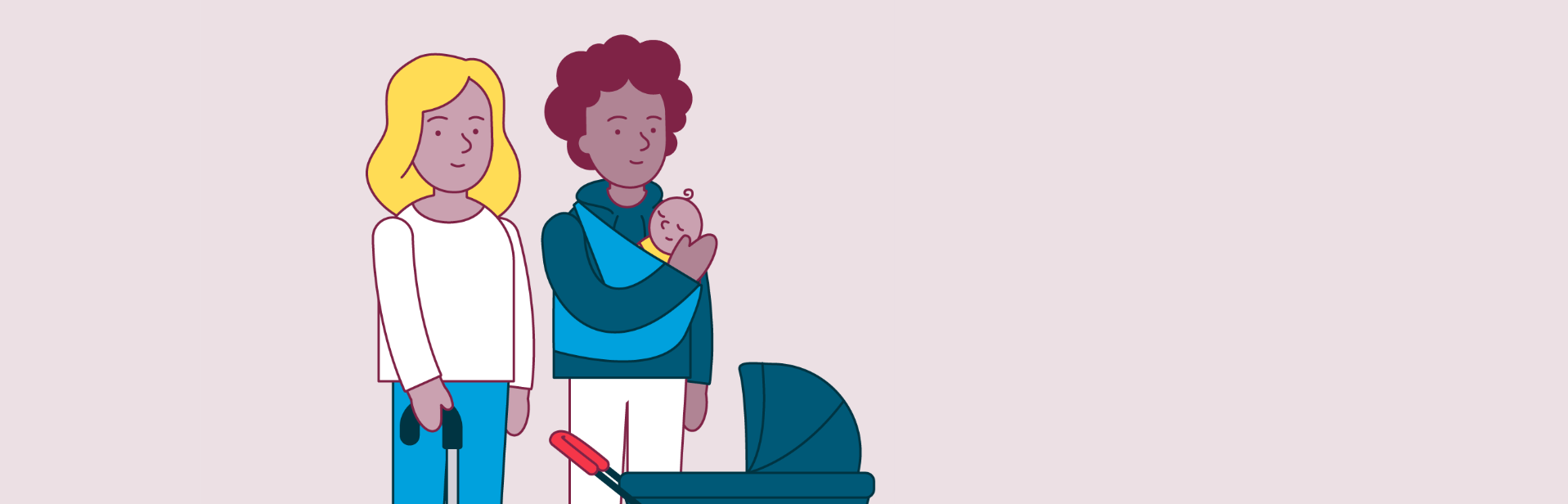 Illustration zeigt eine junge Familie, die Frau mit einem Gehstock in der Hand, der Mann mit einem Kind im Tragetuch, vor ihnen stehend ein Kinderwagen.