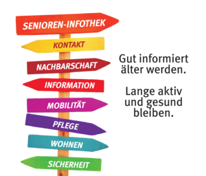 Logo in Form eines bunten Wegweisers mit dem Schriftzug "Gut informiert älter werden - Lange aktiv und gesund bleiben"