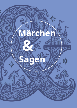 Kunstfest Bild Märchen & Sagen: Ein verschlungenes Undzeichen mit Fabeltieren und einem Märchenschloss.