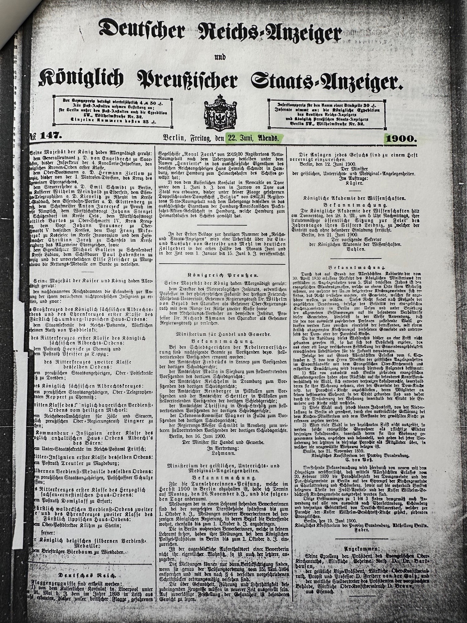 Kopie des Königlich Preußischen Staatsanzeigers vom 22. Juni 1900.