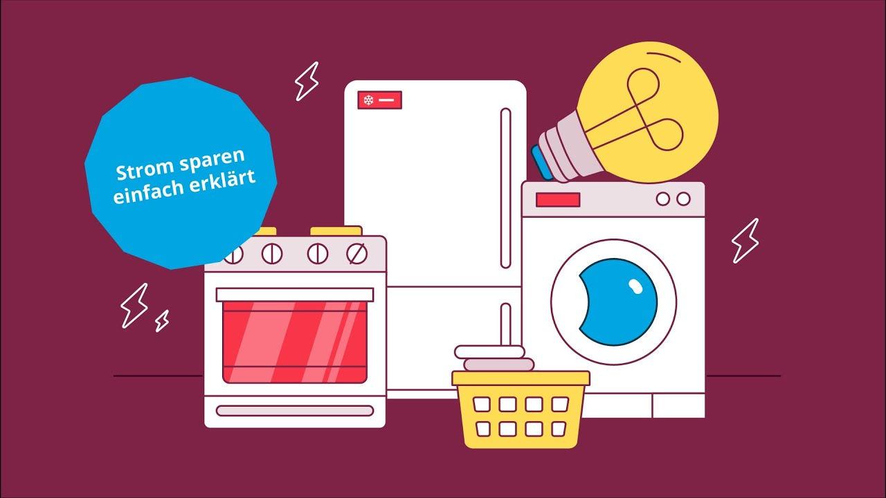 Grafische Darstellung von alltäglichen Haushaltsgegenständen (vlnr): EIne Ofen mit Herd, ein Kühlschrank, eine Waschmaschine mit davor gestelltem Wäschekorb, eine auf der Waschmaschine liegende Glühlampe.