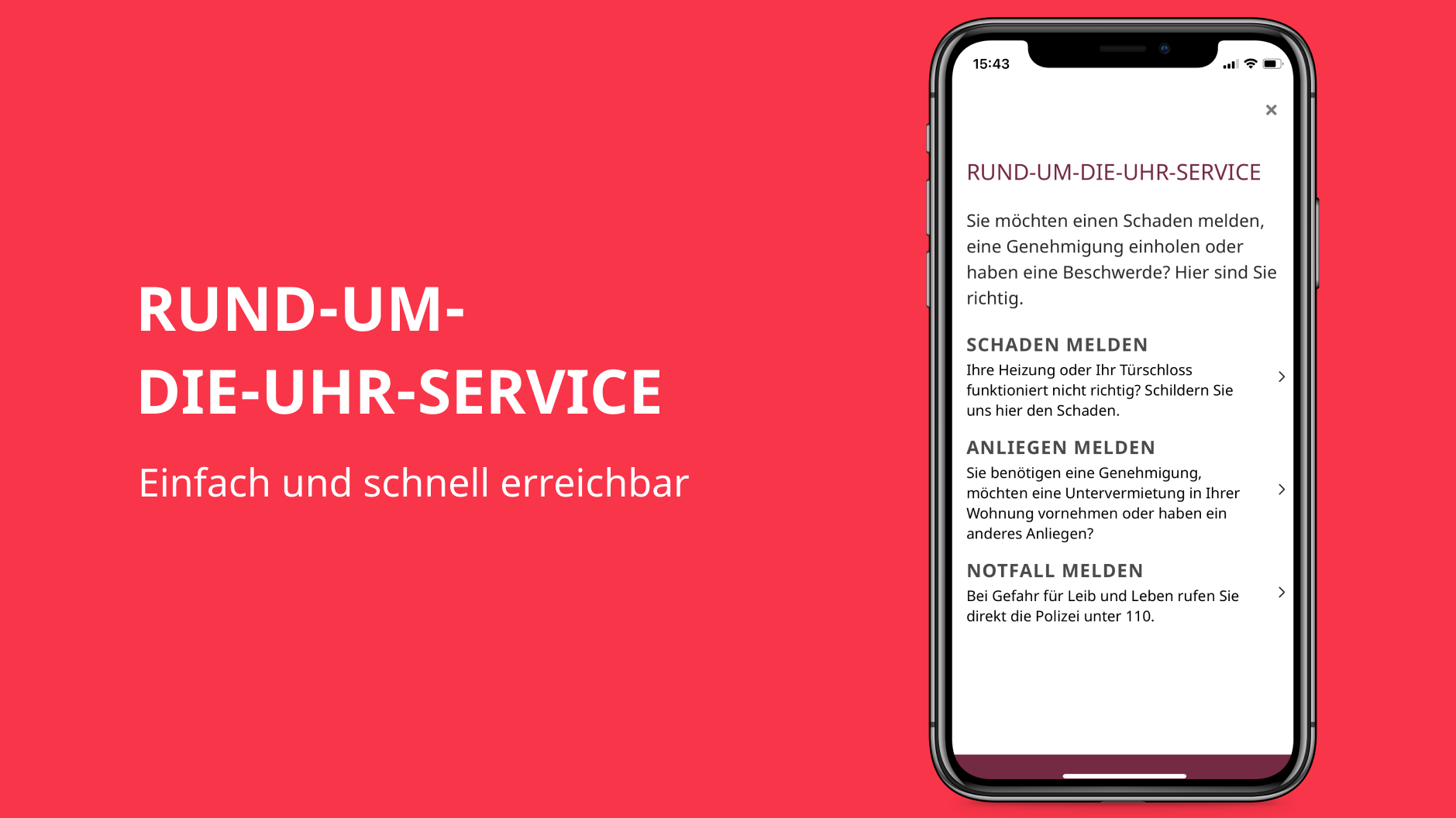 Grafik zeigt das Kapitel "Rund-um-die-Uhr-Service" in der GESOBAU Berlin App.