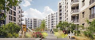 Visualisierung zeigt grünen Innenhof Spielplatz inmitten eines modernen Wohnquartiers.